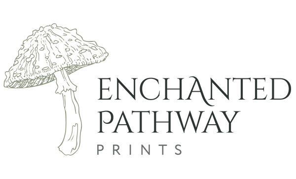 Logo of 'Enchanted Pathway Prints' with a stylized mushroom illustration on a white background.